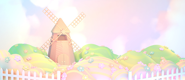 3d rendered cartoon windmill and flower field.