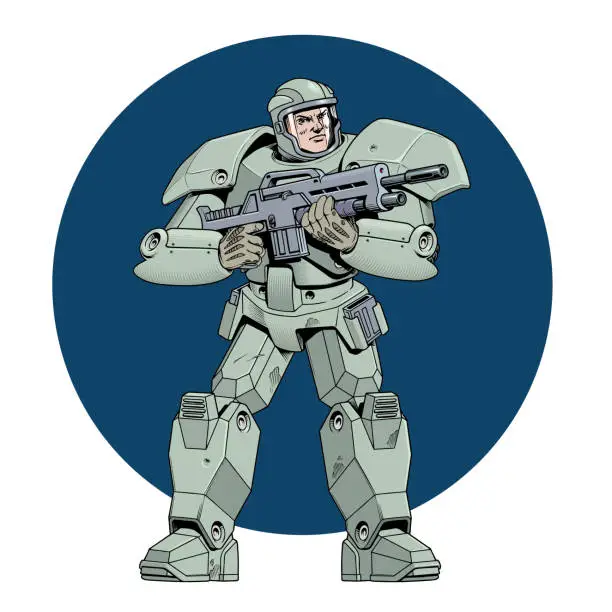 Vector illustration of Futuristic soldier hero in heavy spacesuit or exoskeleton armor suit holding big machine gun or assault rifle. Space troop cyborg holding blaster vector illustration