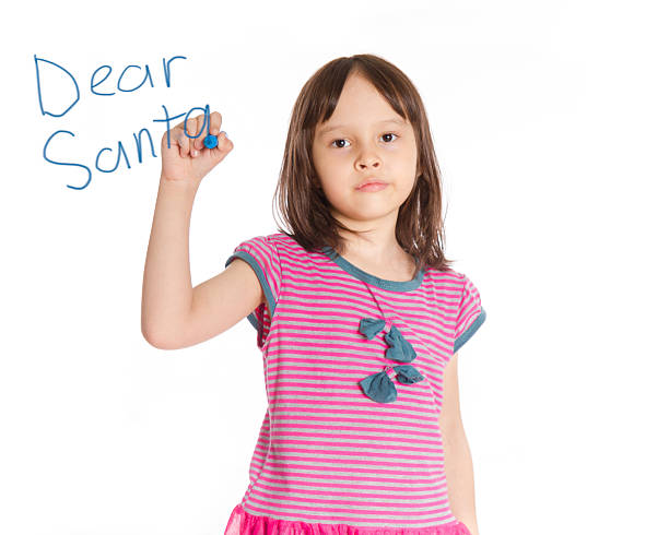 istock Young girl writing to Santa on imaginary board 187964543