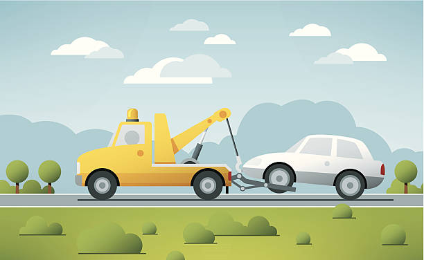 Breakdown Service Tow Truck Vector Vector Illustration of a Breakdown Service Truck towing a broken Car in a rural landscape. The colors in the .eps-file are ready for print (CMYK). Transparencies used. All objects are on separate layers. Included files: EPS (v10) and Hi-Res JPG. tow truck stock illustrations