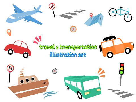 Transportation and travel illustration set. Hand drawn doodle collection of transportation and travel.