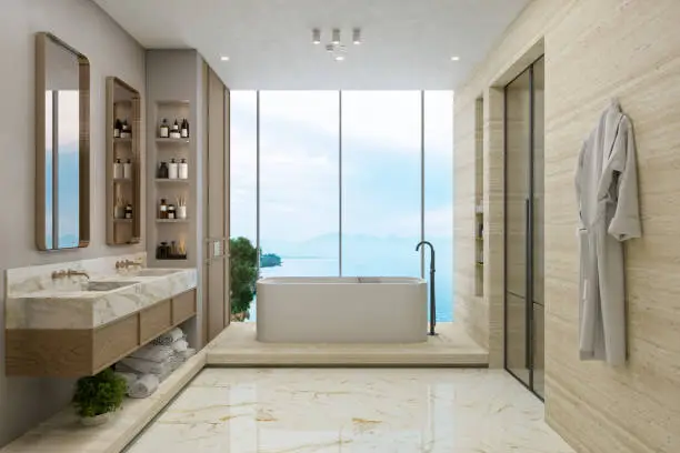 Interior of a modern luxurious bathroom with beige marble.