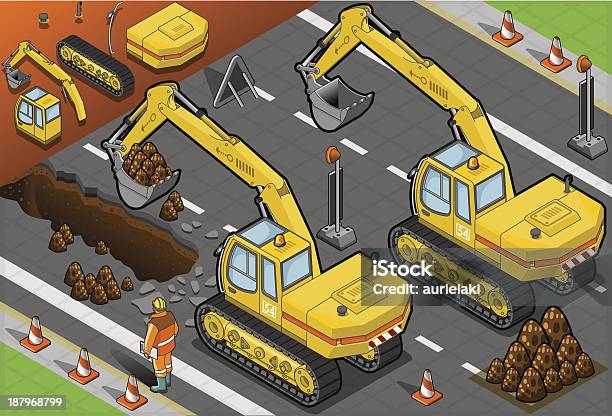 Ilustración de Isométricos Excavator Amarillo En La Parte Posterior Del Hotel y más Vectores Libres de Derechos de Amarillo - Color