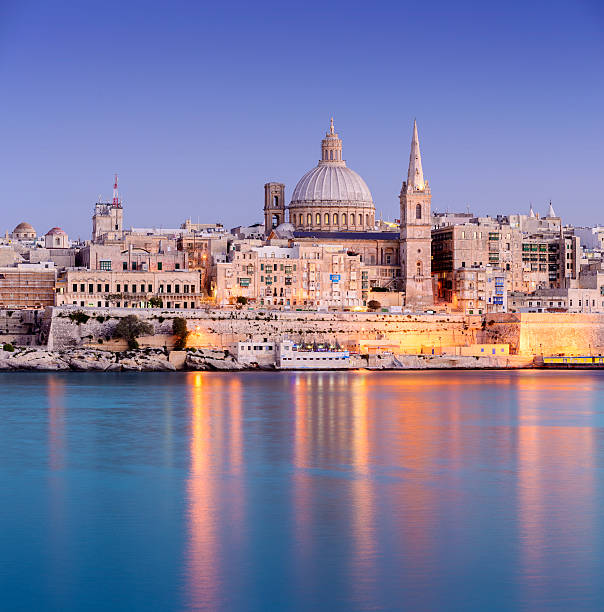 St Paul's Anglican Cathedral in Malta at twilight stock photo