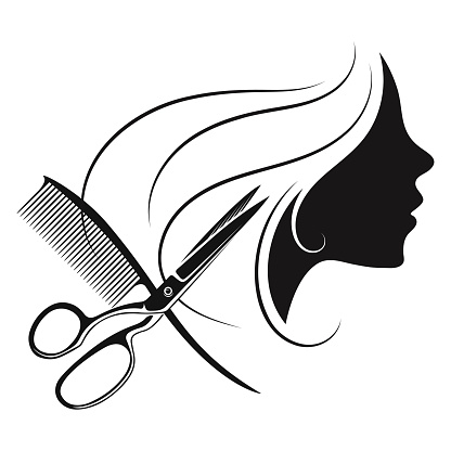 Silhouette of a girl with beautiful curls of hair and comb scissors