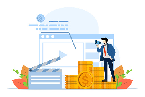 Video monetization concept, man makes money online from videos. content creators who are successful at monetizing videos. earn money on the internet, earn income online. Flat vector illustration.