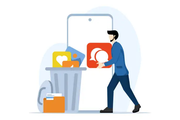 Vector illustration of Concept of character cleaning cell phone from junk files. people delete documents with software. Users delete folders with documents, photos, videos, games to the trash, clear the cache. vector.