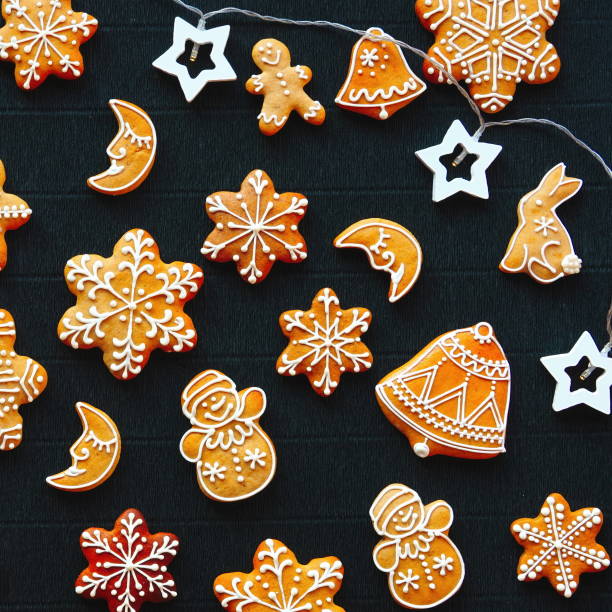 Collection Cookies Pine Branch Black Background. Soft light
