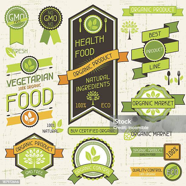 Organic Food Banners Набор Этикетки И Наклейки — стоковая векторная графика и другие изображения на тему Вегетарианское питание - Вегетарианское питание, Векторная графика, Вилка