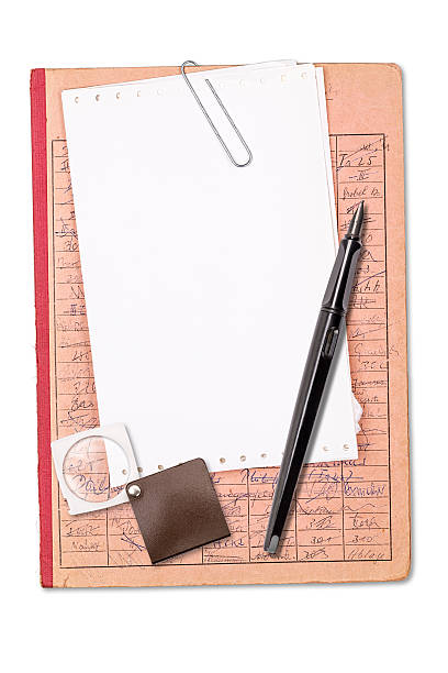 vintage record with blank sheet, pen and magnifier