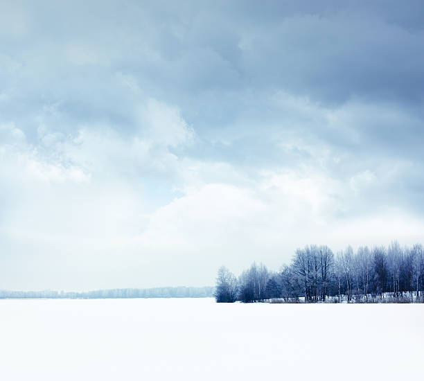 Winter Landscape with Snowy Field and Moody Sky stock photo