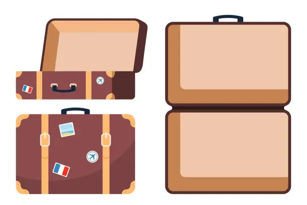 Vector illustration of Retro leather suitcase with metal corners, belts and handle. Suitcase, open and closed, ready for packing. Front and top view. Preparing for the trip. Vacation and travel concept. Vector illustration.