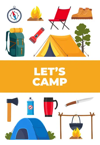 Vector illustration of Summer camping and hiking equipment set. Big collection of icons for sports, adventures in nature, recreation and tourism concept design. Vector illustration.