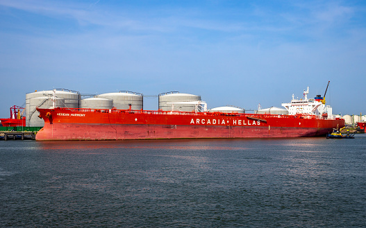 Crude oil tanker Aegean Harmony docked in the Port of Rotterdam, The Netherlands - August 1, 2014