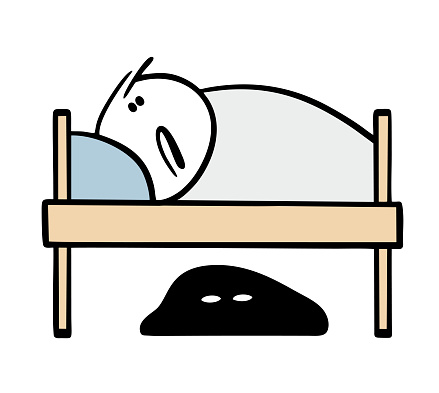 Unhappy, frightened child lies under a blanket at night and is afraid of a monster. Vector illustration of a nightmare. Cartoon scary animal is hiding under the bed. Isolated on white background.