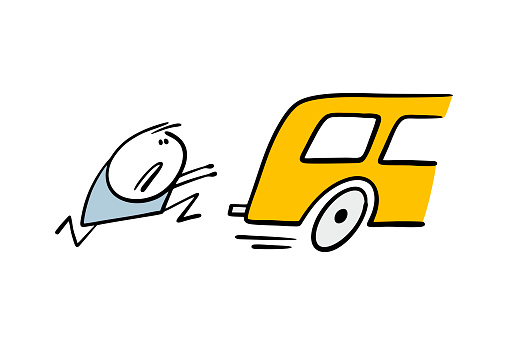Stickman child runs after a yellow school bus. Vector illustration of a loser student who was late for public transport. Isolated funny character on white background.