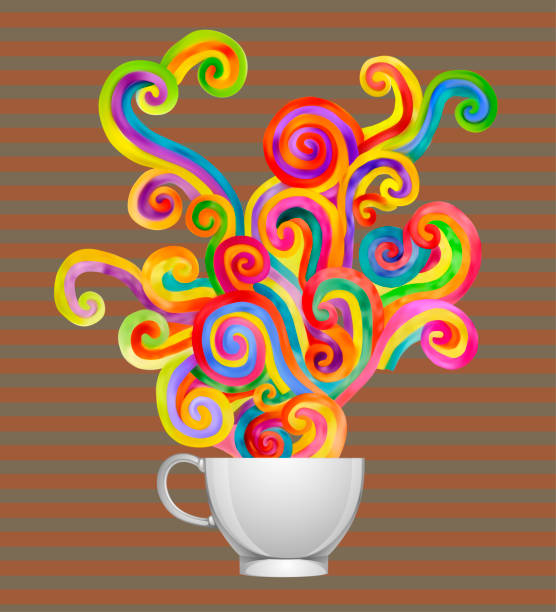 istock White coffee ceramic cup with steam in the form of colorful decorative swirls on a striped background 1879779984
