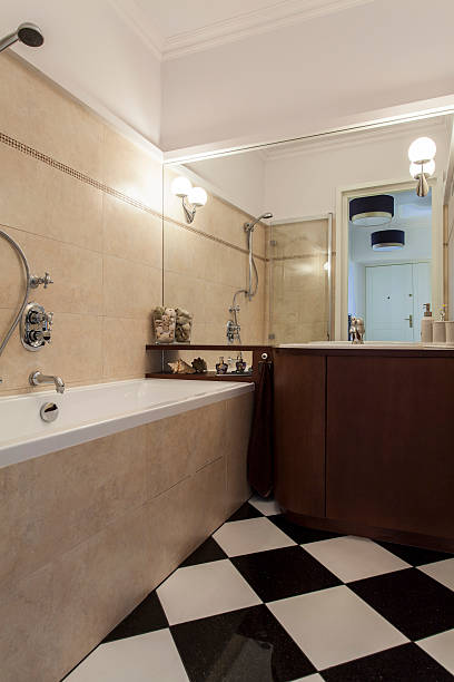 istock Bathroom with black and white tiles 187978993