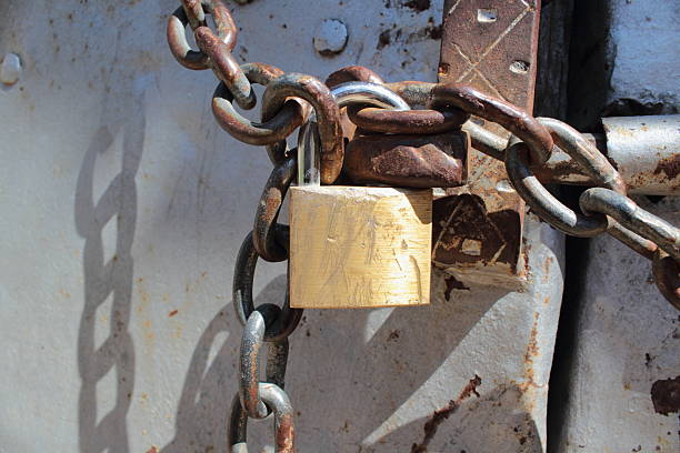 istock Golden lock securing a metall door 187979800