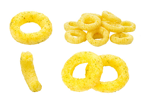 Heap of Cheese Puffs on white background