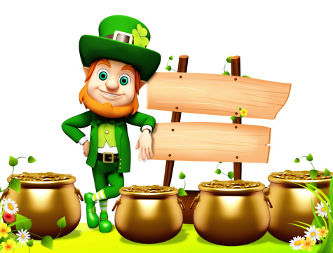Green Leprechaun Toy. On white background with pot of coins