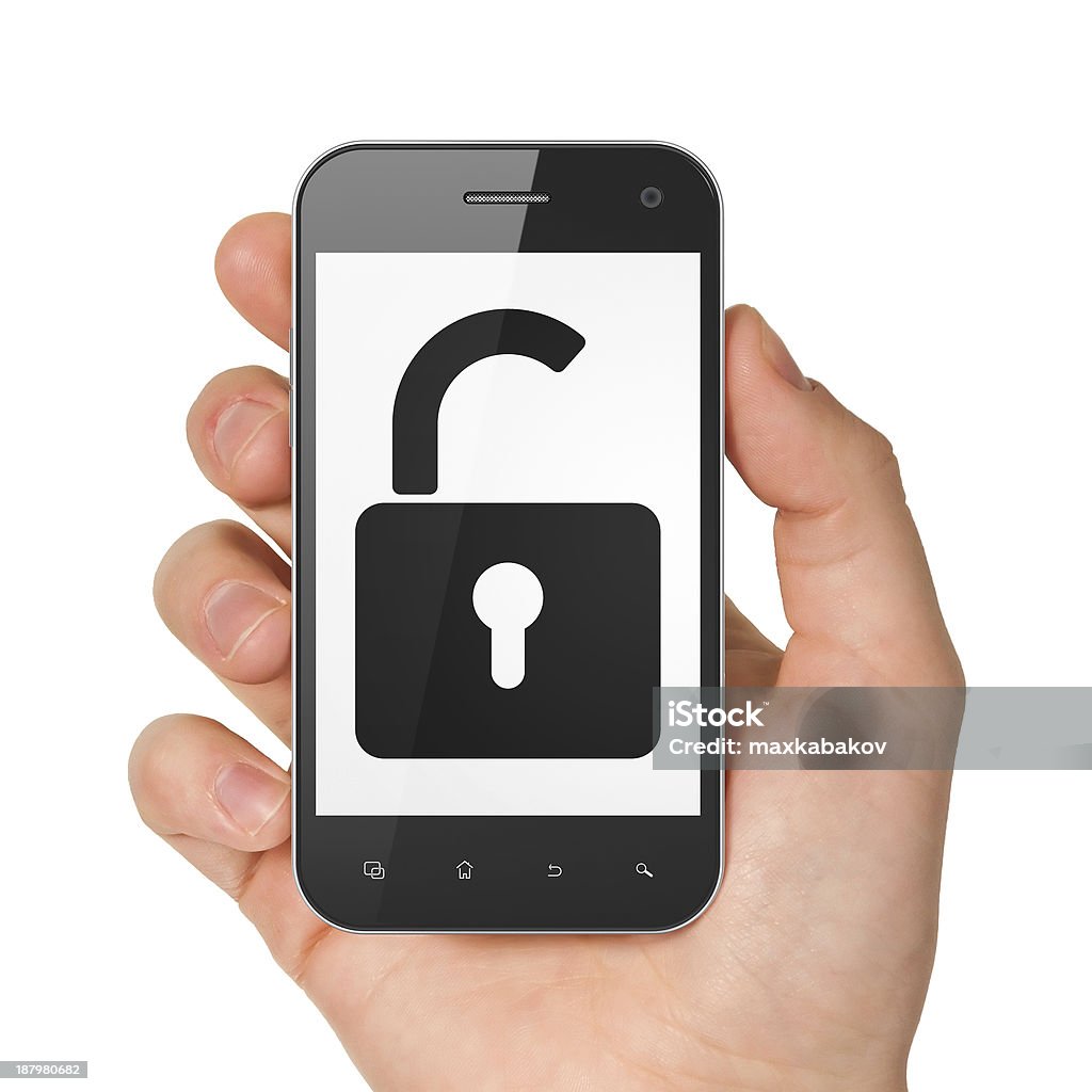 Hand holding smartphone with opened padlock Hand holding smartphone with opened padlock on display. Generic mobile smart phone in hand on white background. Abstract Stock Photo