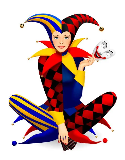 Vector illustration of Sitting cross-legged girl dressed in a colorful Joker costume with his mask and playing cards in her hands isolated on white