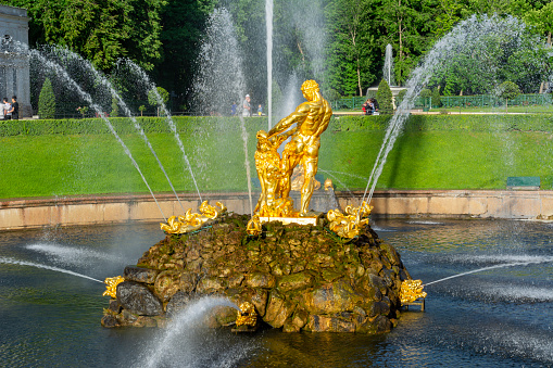 Saint Petersburg, Russia - June 2019: Samson fountain in Lower park of Peterhof