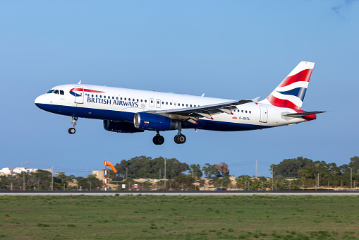 Luqa, Malta - October 8, 2023: British Airways (BA Euroflyer) Airbus A320-232 (REG: G-GATL) arriving from London Gatwick as flight BA2645.