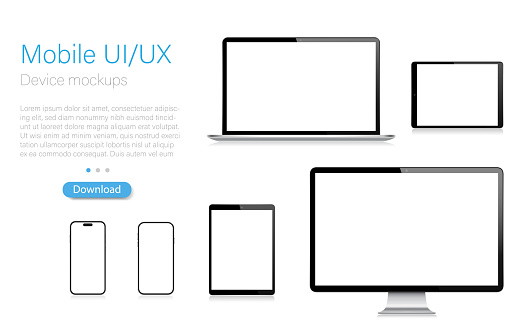 Realistic Vector Mockup Digital Tablet, Mobile Phone, Smart Phone, Laptop and Computer Monitor. UI / UX design. Vector illustration, modern digital devise, digital template. Stock illustration. EPS 10.