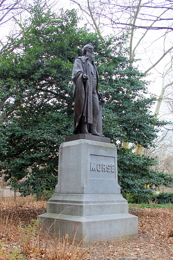 Statue of Samuel F. B. Morse, famous 19th-century painter and inventor,  by Byron M. Picket, dedicated in 1871, in Central Park, New York, NY, USA