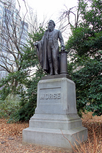 Statue of Samuel F. B. Morse, famous 19th-century painter and inventor,  by Byron M. Picket, dedicated in 1871, in Central Park, New York, NY, USA