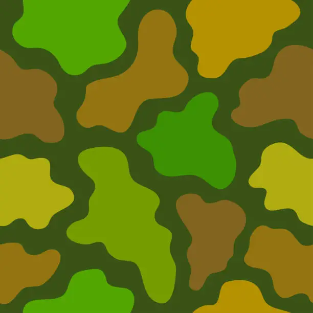Vector illustration of Spots or islands of green, orange, brown, light brown, khaki on a dark green background. Seamless pattern. Nature's protective color print. Vector illustration.