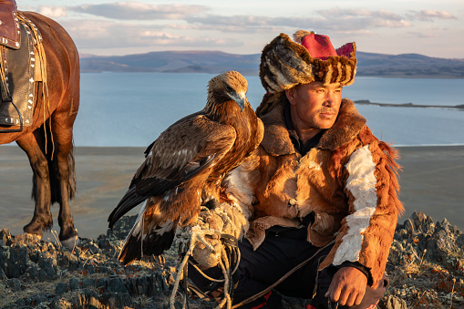 A nomadic Kazakh eagle hunter sitting with his Golden Eagle in evening sunlight, in the Altai Mountains of Mongolia. The eagle is on his guantlet covered right arm, with his horse standing quietly nearby. The hunter is wearing traditional Kazak clothing, made of animal skins, with an embroidered hat.