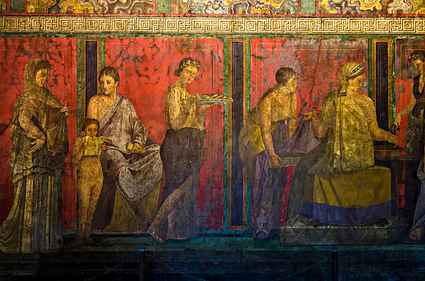 Dionysiac frieze, Villa of Mysteries, Pompeii Dionysiac frieze, Villa of the Mysteries, before 79 C.E., The fresco is thought to represent a ritual of the Eastern mystery cult of Dionysus, the Greek god of wine. fresco stock pictures, royalty-free photos & images