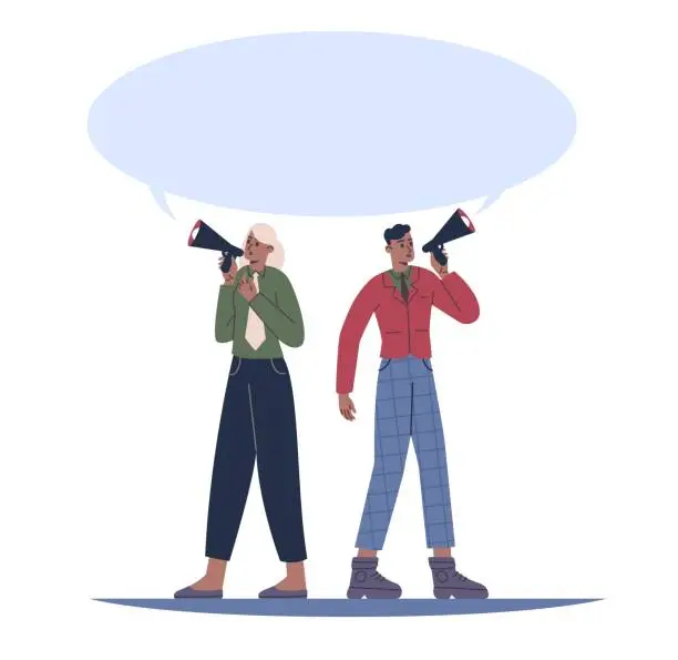 Vector illustration of Man and woman shouting into megaphone. People with speech bubble. Promotion announcement. Public speakers message frame. Couple holding loudspeaker. Protest demonstration. Vector concept