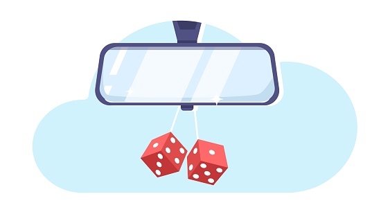 Rearview mirror with dangling play cubes. Automobile behind reflection. Auto transportation. Drive visibility. Road reflect. Glass frame for vehicle back control. Handing red dices. Vector concept