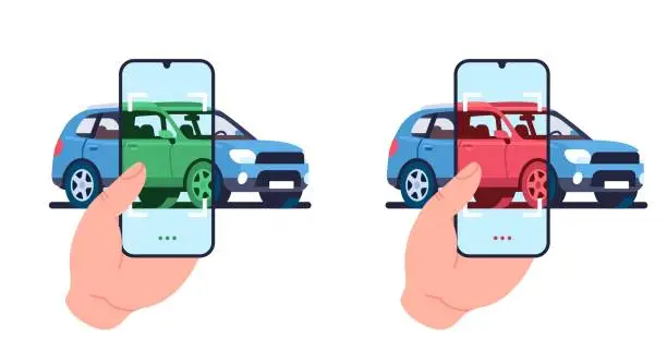 Vector illustration of Scan vehicle using mobile app on smartphone. Troubleshooting phone application. Transport monitoring service. Rejected or approved auto registration. Automobile check. Vector concept