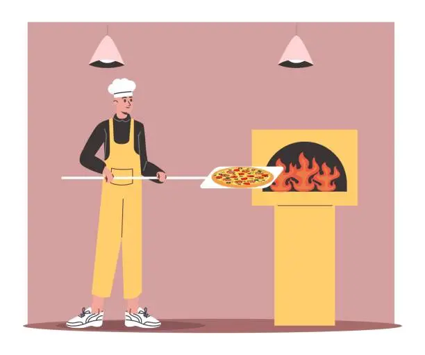 Vector illustration of Young baker loads pizza into oven using wooden shovel. Italian food preparation. Pizzeria restaurant. Man cooking snacks for dinner. Cafe kitchen. Chef preparing pepperoni. Vector concept
