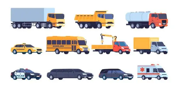 Vector illustration of Cars and trucks. Public transportation. Industrial machine with crane or cistern. Limousine and ambulance. Police automobile. Lorry with van. Vehicle traffic. Auto transport vector set