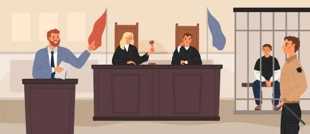 Vector illustration of Trial in courtroom. Prosecutor giving speech. Judges at wooden rostrum. Sad defendant is behind bars. Security guard and attorney. Jurors and lawyers. Garish vector judgement concept