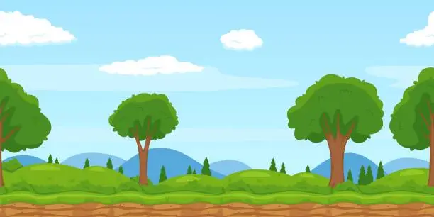 Vector illustration of Parallax effect landscape. Cartoon forest. Mountain skyline. Unending hills. Green trees or grass hills. Game design. Scenic panorama. Nature scenery. Recent vector seamless background