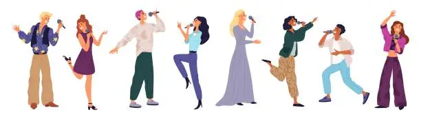 Vector illustration of Cartoon people karaoke. Happy singer characters with microphones. Amateur vocalists performing songs. Talented men and women. Musical band. Disco fun. Musicians show. Garish vector set