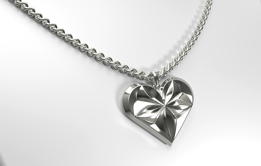 Silver heart shaped pendant with floral pattern on a chain. 3d illustration