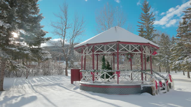 Winter view of gazebo with Christmas decoration