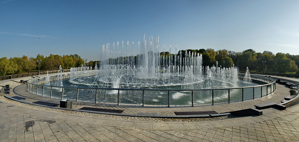 Moscow. Russia. September 29, 2023. View of the unique color musical fountain in the center of the historical park-ensemble Tsaritsyno.