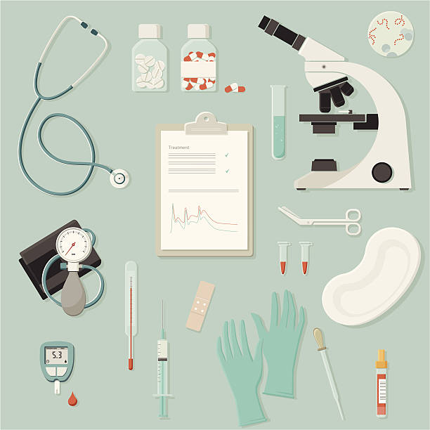 illustrazioni stock, clip art, cartoni animati e icone di tendenza di apparecchiature mediche e gli strumenti - microscopio illustrazioni