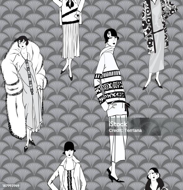 Ретро Женщина Мода Бесшовные Фон — стоковая векторная графика и другие изображения на тему 1920-1929 - 1920-1929, Шляпа, Рисунок - произведение искусства