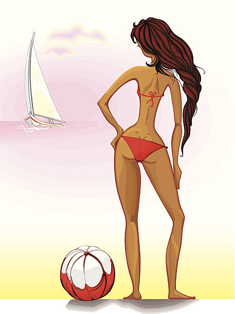 illustrazioni stock, clip art, cartoni animati e icone di tendenza di bellezza in un bikini rosso. - nautical vessel women human hair yacht