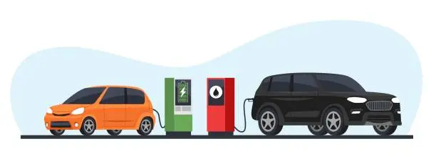 Vector illustration of Comparison of electric car with gasoline car. Vehicle charging station. Fossil automobile refueling petrol. Green transport. Automotive technology and eco energy. cartoon flat vector concept